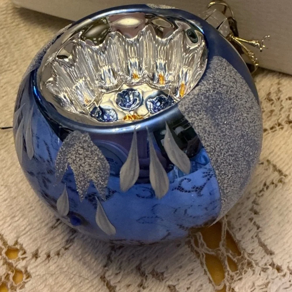 Vintage Blue Silver Indent Reflector Glass Christmas Ornament 2.5”
